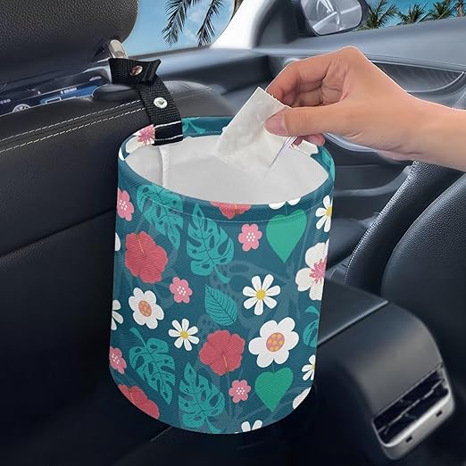 Tropical Daisy Car Trash Bin Universal Front Back Seat Garbage Bags for Car, Office, Home, Travel Camping Accessories, Potable Car Rubbish Bin, Easy to Install