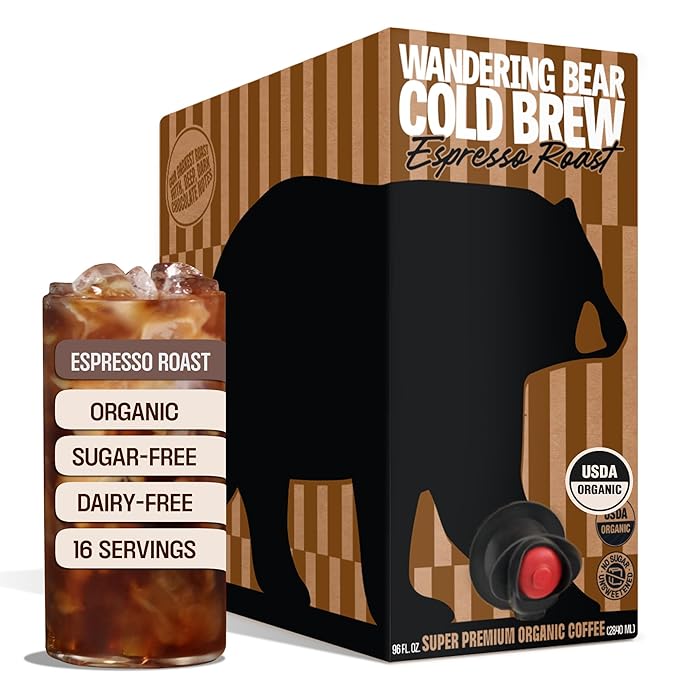 Wandering Bear Espresso Roast Organic Cold Brew Coffee On Tap, Iced Coffee Drink - Extra Strong, Smooth, No Sugar Added, Shelf-Stable, Ready to Drink, 100% Organic & Vegan - 16 Servings of 6fl.oz - 96fl.oz