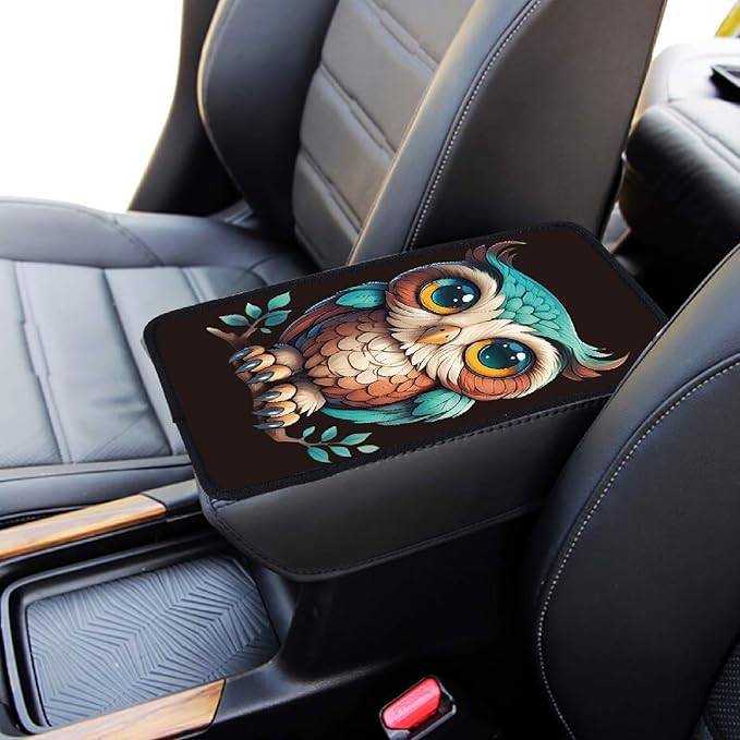 CREATCABIN Owl Auto Center Console Cover Car Armrest Cushion Auto Armrest Storage Box Pad Soft Anti-Slip Lines Waterproof Car Accessories Interior with Elastic Band for Vehicle SUV Truck 12.6×7.5in