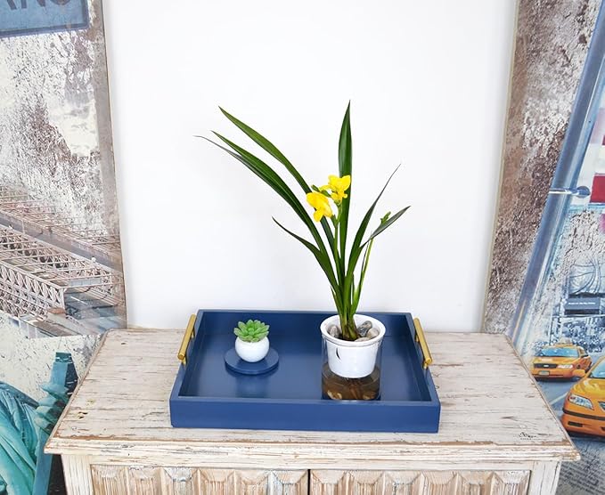 Serving Tray 16.5“X 13“Deluxe Wooden Ottoman Tray for Coffee Table with Polished Goldr Metal Handles and 4 Coasters, Living Room Bathroom Coffee Bar Organizer Modern Decorative Blue
