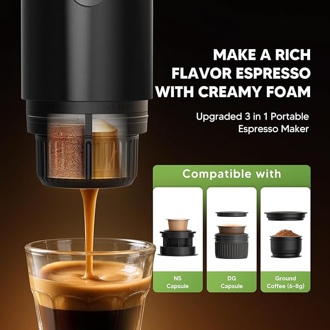 BENFUCHEN 3 in 1 Portable Electric Espresso Machine for Nespresso Capsule, Travel Coffee Maker with Ground Coffee for Camping, RV, Hiking, Office,Car Coffee Maker Self-Heating with USB-C (Black)