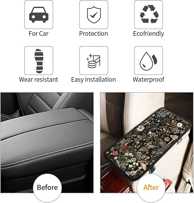 Mushroom Print Car Center Console Cover Botanical Cute Plant Arm Rest Covering Cushion for Cars Sedans Vans Truck Vehicles SUV Vintage Armrest Pads