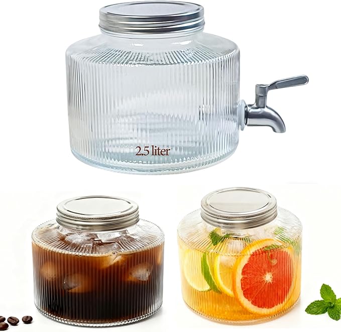 Small Drink Dispenser for the Fridge-2.5L Glass Beverage Dispenser with Leak-Proof Stainless Steel Spigot and Filter Bag Mason Jar Design Perfect for Cold Brew Coffee Iced Tea and Lemonade