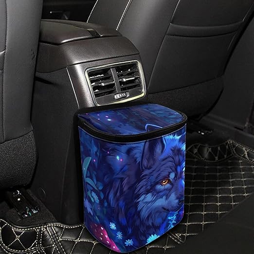 Fantasy Blue Wolf Car Trash Can, Hanging Zipper Design Garbage Bin for Backseat
