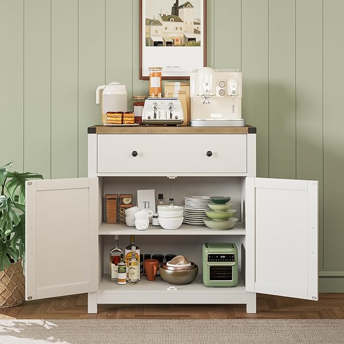 Coffee Bar Kitchen Storage Cabinet,Sideboard Buffet with Storage,Farmhouse Bar Door Kitchen Cabinet with Drawer and Adjustable Shlef, White,(13.8" D x 31.5" W x 34.65" H inch