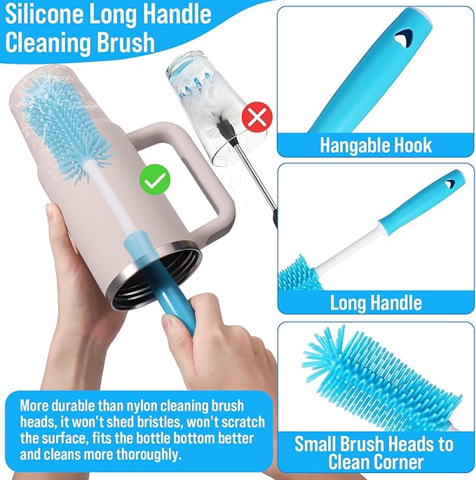 XANGNIER 4 PCS Water Bottle Cleaner Brush Set for Stanley Tumbler 40 oz/30 oz/20 oz Cup,Multifunctional Bottle Brush and Long Silicone Straw Cleaner Brush,Cleaning Kit for Owala/Yeti Cup Accessories