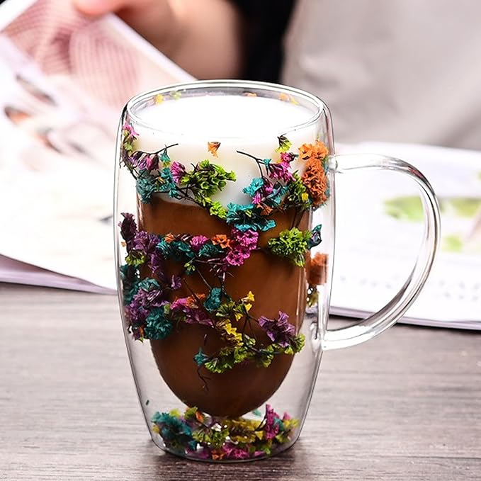 Creative Flowers Double Wall Clear Glass Coffee Mug with Handle, Aesthetic Dried Flowers Coffee Mug, Clear Double Insulated Glass Cup for Hot and Cold Beverages, Cappuccino, (C)