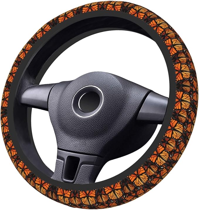 Orange Monarch-Butterflies Wings Universal Fit Steering Wheel Cover for Car, Truck, and SUV, Durable Steering Wheel Protection