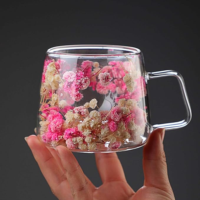 Generic Double Wall Insulated Glass Cup,Dried Flower Mug with Handle,Creative Transparent Coffee Cups,Gift for Women Mom Female (White)