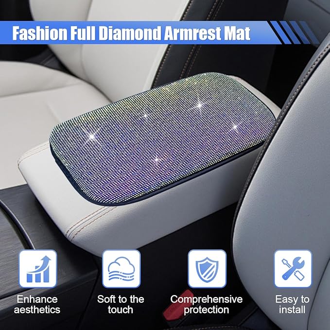 11.9''×8.4'' Bling Car Center Console Cover, Crystal Rhinestone Arm Rest Protective Cushion Pad, Diamond Soft Elbow Pillow, Auto Interior Decoration Accessories for Women Girls (Colorful)
