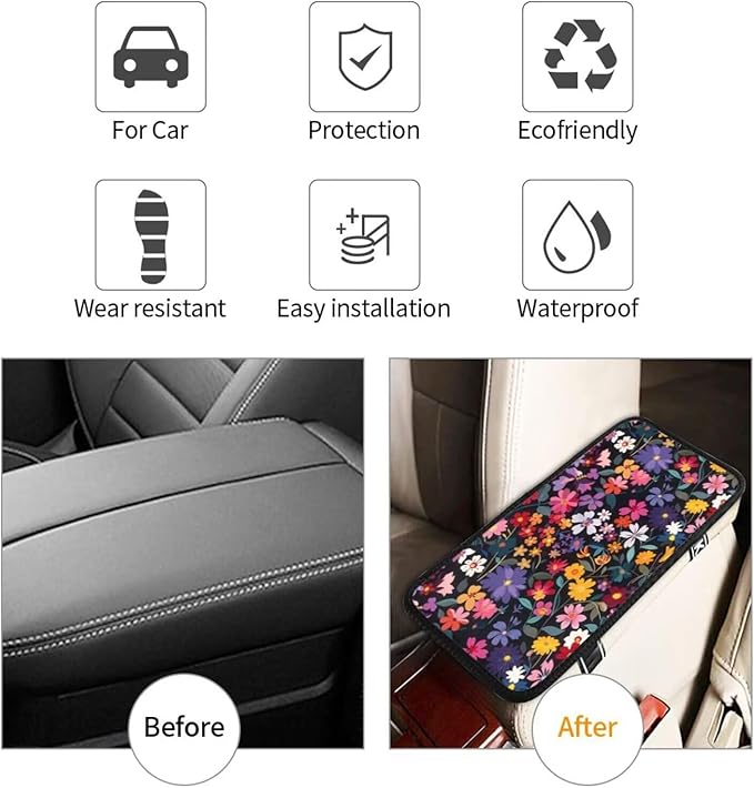 Car Center Console Cushion Pad Red Floral Armrest Seat Box Cover Protector Boho Hippie Flower Comfortable Decor Accessories for Most Cars, Vehicles, SUVs Daisy Pink Arm Rest Lid Covers