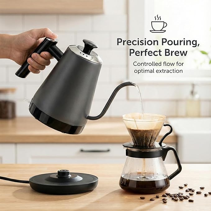 Electric Gooseneck Kettle, Pour Over Kettle for Coffee & Tea, Hot Water Boiler, 100% Stainless Steel Inner Lid & Bottom (K02)