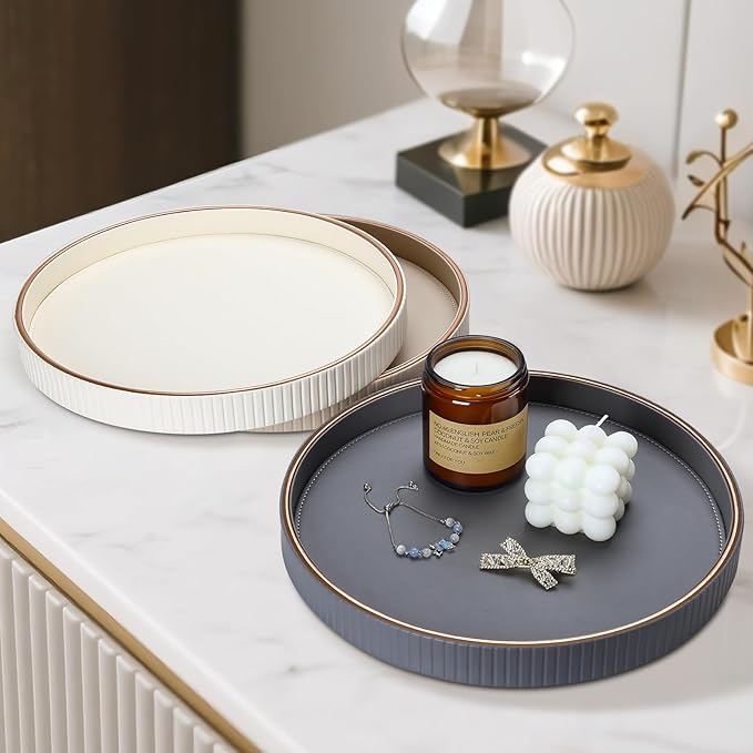 KINGFOM Round Decorative Tray, PU Leather Vanity Tray Organizer with Gold Trim for Dresser, Coffee Table & Bathroom Counter, Modern Home Decor Jewelry & Perfume Tray for Men Women (Gray)