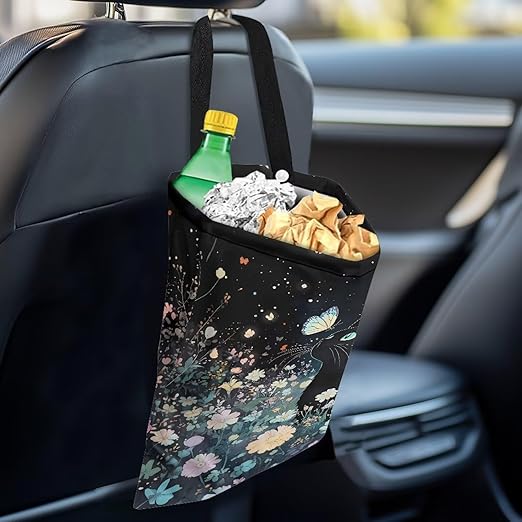 Cat Floral Car Trash Can, Hanging Car Trash Bag, Foldable Garbage Can for Front Back Seat, Multi-Functional Rubbish Bag Storage Pocket, Interior Car Accessories