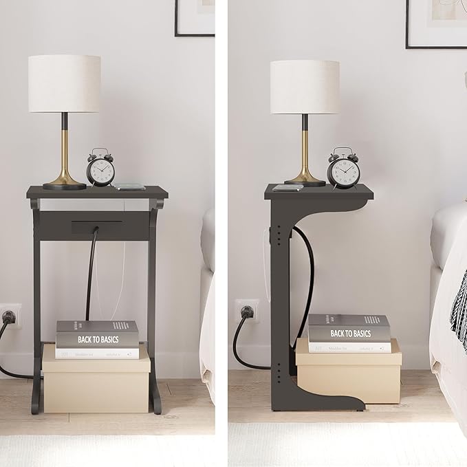TUTOTAK C Shaped End Table with Charging Station, Set of 2, Couch Table, Tv Tray Table with 2 USB Ports and Outlets, Sofa Side Table for Small Spaces, Living Room, Bedroom TB01BK0442
