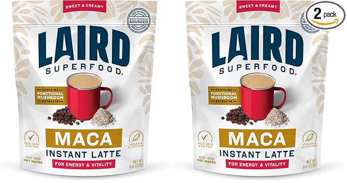 Laird Superfood Maca Instant Latte, Non-Dairy, Sweet & Creamy, Superfood Creamer, Gluten Free, Non-GMO, Vegan, 8 oz. Bag, Pack of 2