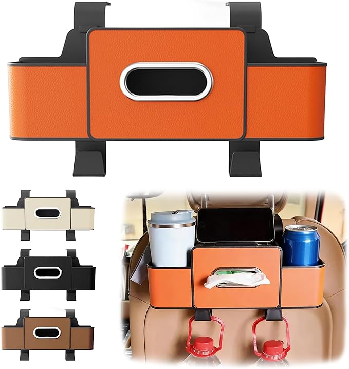 Car Seat Back Storage Box, 2026 New 3-in-1 Multifunctional Car Back Seat Organizer with Cup Holder, Tissue Box, Trash Bin & Hooks for Hold Phones, Snacks, Drinks, Handbags (Orange)