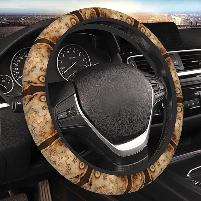 Treasure Hunt Map-Pirate Universal Fit Steering Wheel Cover for Car, Truck, and SUV, Durable Steering Wheel Protection