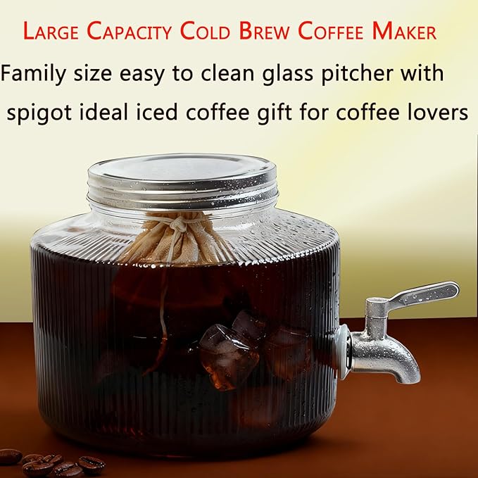 Small Drink Dispenser for the Fridge-2.5L Glass Beverage Dispenser with Leak-Proof Stainless Steel Spigot and Filter Bag Mason Jar Design Perfect for Cold Brew Coffee Iced Tea and Lemonade