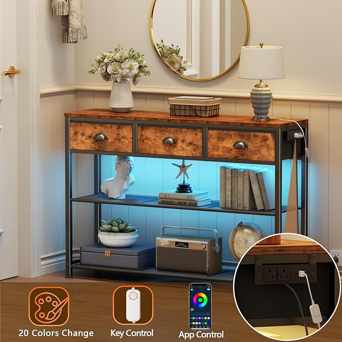 Furologee Console Table with Charging Station & 3 Fabric Drawers, 38'' Entryway Table with Storage Shelves and LED Light for Entry Way, Industrial Display Shelf for Hallway, Foyer, Rustic Brown | 3 Fabric Drawers, Storage Shelves, LED Light, Entry Way,...