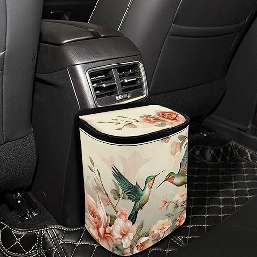 Retro Hummingbird Car Trash Bag Bin Hanging Leak Proof Reusable Automotive Garbage Can with Lid,Durable Car Accessories Auto Organizer and Storage