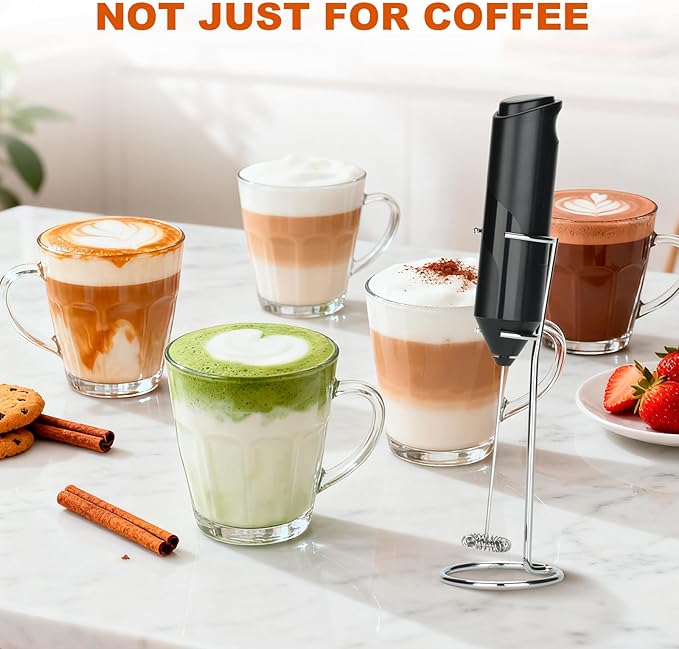 Handheld Milk Frother, Battery Operated Electric Foam Maker, Milk Frother Wand Drink Mixer with Stainless Steel Whisk for Coffee, Matcha, Lattes, Cappuccino (Black with stand)