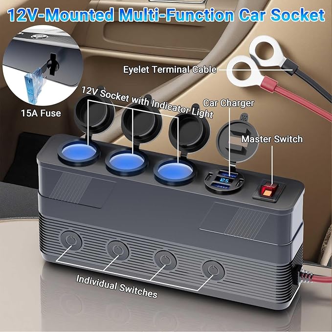 12V Cigarette Lighter Socket Splitter: 180W 15A Power Outlet 3 Socket 4 USB Ports PD66W QC18W - Cigarette Lighter Splitter with 10FT Cable Eyelet Terminal Power Supply Car Plug outlet Battery Adapter