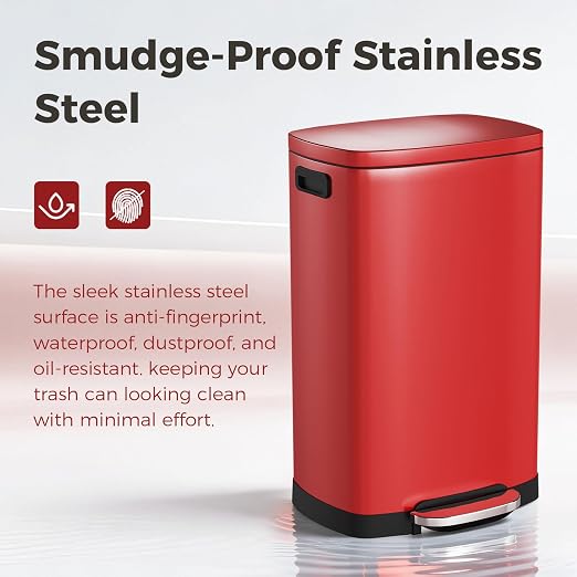 ELPHECO LPHECO Kitchen Trash Can with Lid Soft Close, 13 Gallon / 50L Stainless Steel Pedal Garbage Can, Heavy-Duty Step Wastebasket with 20 Bags, Removable Bucket, Home Office, Kitchen, Scarlet Red
