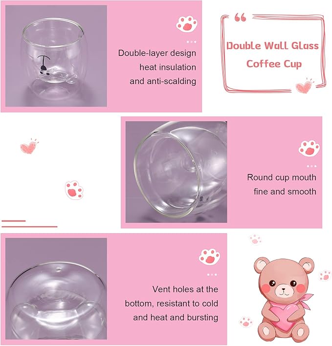 Patelai 3 Pieces Bear Mugs Cute Tea Coffee Cup Double Wall Insulated Glass Bear Espresso Cups White Glass Mugs for Office Birthday Halloween Christmas Valentines Gifts