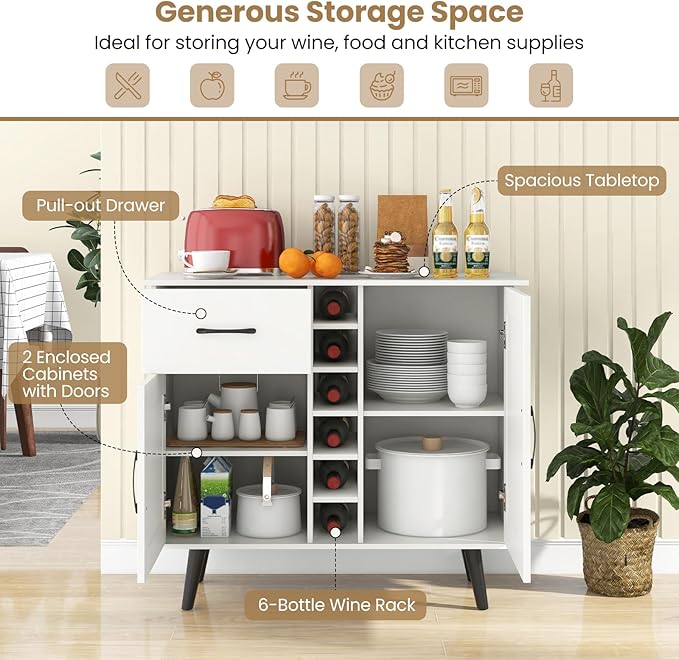 Buffet Cabinet with Storage, Liquor Cabinet w/ 6-Bottle Wine Rack, 1 Drawer & 2 Doors, Wood Buffets & Sideboards, Farmhouse Coffee Bar Table for Kitchen, Dining Living Room, Entryway (White)