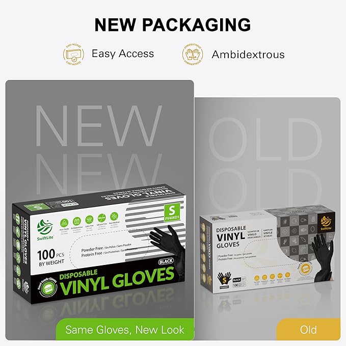 SWIFTLITE Black Vinyl Gloves, Food Grade Gloves Disposable Latex Free & Powder Free, Guantes for Cleaning Cooking Food Prep