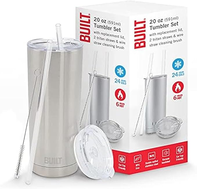 BUILT Double Walled Stainless Steel Tumbler Set with Replacement Lid, 2 Reusable Tritan Wire Straw Cleaning Brush in Gift Box, 20-ounces