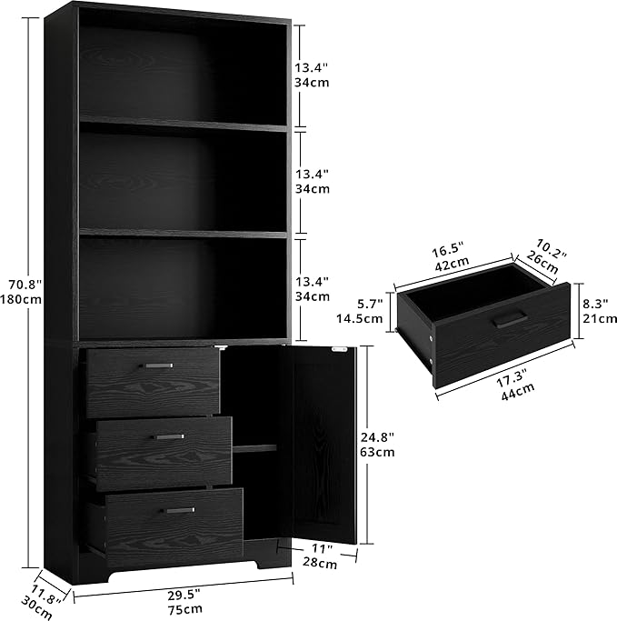 IRONCK Bookshelf with Doors and 3 Drawers 71 in Tall Bookcase with 3-Tier Shelves, Industrial Book Shelf with Storage for Living Room Entrance Hallway Home Office, Black