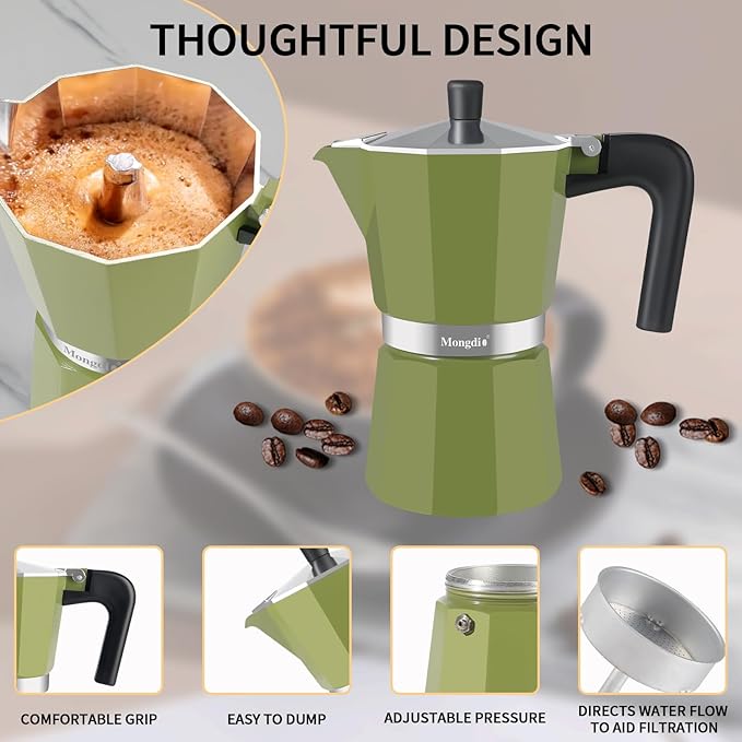 Mongdio Stovetop Espresso Maker Moka Pot, Stove Top Cuban Coffee Maker, Italian Greca Mocha Pot, 9 Espresso Cups, 15 oz - Green