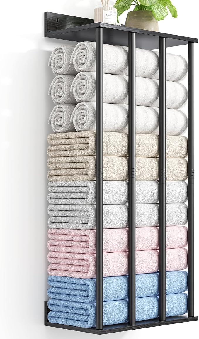 Towel Racks for Bathroom Wall Mounted, Updated 4 Bar Wall Towel Holder | Large Bathroom Towel Storage Rack for Rolled Towels, Modern Metal Towel Organizer Shelf with Wooden Storage Shelf