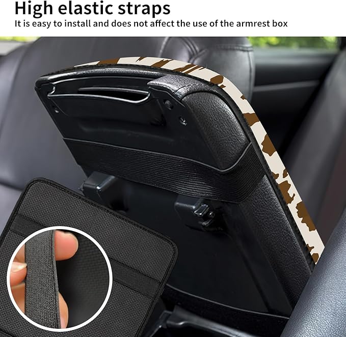 Car Center Console Cover, Universal Soft Large Neoprene Auto Armrest Seat Box Cover, Funny Car Decor Accessories Fit for Most Cars, Vehicles, SUVs Cute Brown Cow Print