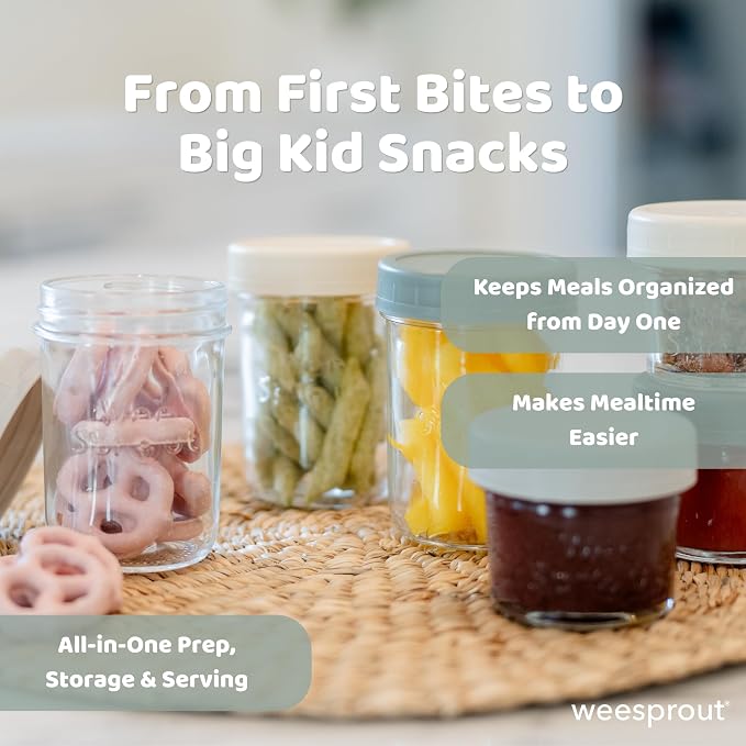 WeeSprout Glass Baby Food Storage Jars w/Lids (4 oz, 6 Pack Set) Snack, Puree, Reusable Small Containers, Breast Milk, Fridge or Freezer, Microwave & Dishwasher Safe, Essential Must Have for Infants