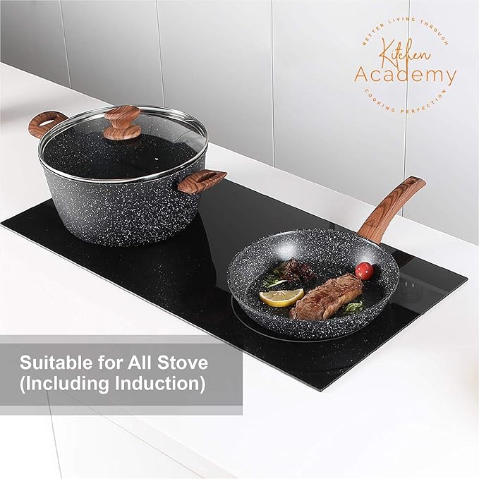 Kitchen Academy Induction Cookware Sets - 12 Piece Pots and Pans Set Non Stick, Black Granite Nonstick Cooking Pan Set(PFOS, PFOA Free)