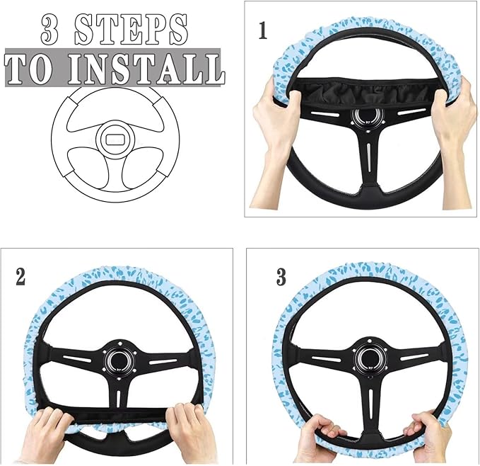 Universal Non-Slip Steering Wheel Cover, 15-inch Polyester Material Driving Accessories, Adjustable for Car and Truck(Light Blue Leopard)