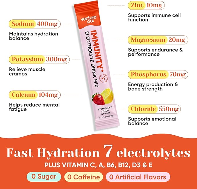 Venture Pal 2-in-1 Hydration + Immune Electrolytes Powder Packets with 7 Electrolytes & 6 Vitamins, Elderberry, Turmeric, Echinacea | Liquid Daily IV Drink Mix | Sugar Free | Keto Friendly, 16 Sticks