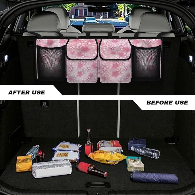 Dreaweet Pink Cherry Blossom Trunk Organizer for Car Women Hanging Back Seat Storage with 4 Pockets Collapsible Car Cargo Trunk Storage Organizer Bag for Truck,SUV,Van with Adjustable Straps