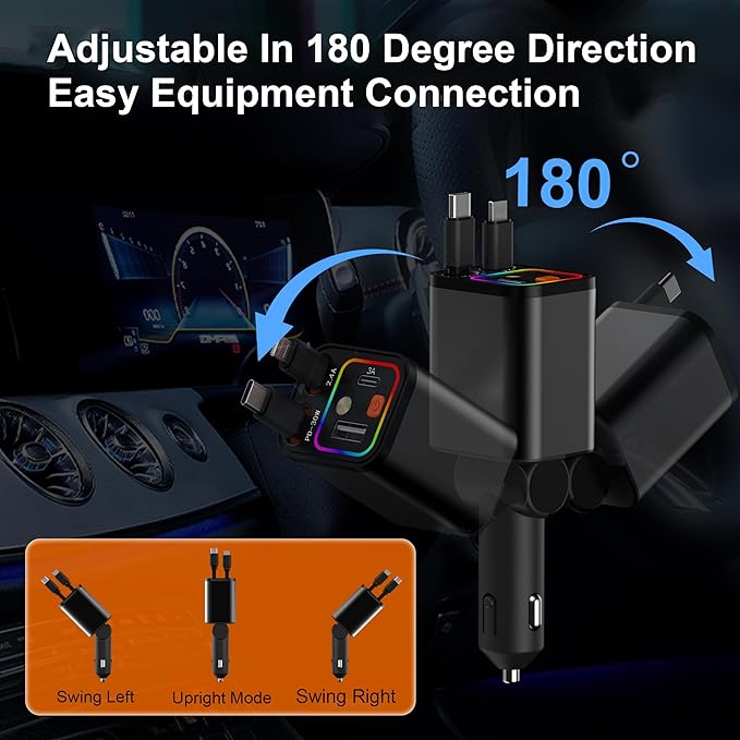 OneFish Starlight Fast Car Charger, 4 in 1 Cigarette Lighter Chargers with USB Type C Ports Retractable Cord Display, for iPhone 17 16 15 14 Pro Max Plus/iPad, Car Truck Essentials Gift for Women Men