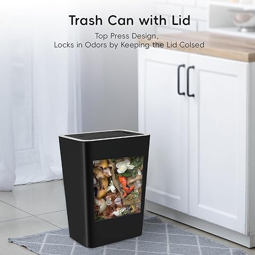 Lysam Small Trash Can, 3 Pack 4 Gallons Bathroom Garbage Can with Lid Press-Top, Small Waste Basket with Trash Bags, Slim Plastic Garbage Bin for Dorm, Office, Bedroom, Kitchen, Living Room (Black)