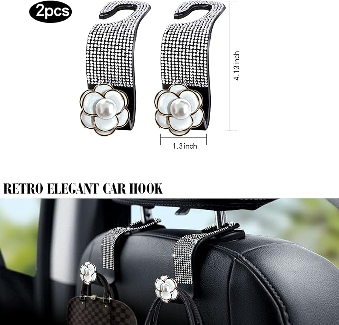 2-Piece Bling Car Seat Hooks - Headrest Hooks for Purses & Bags with Diamond Design (White)