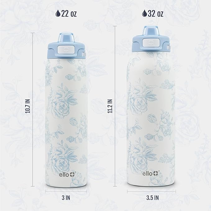 Ello Pop & Fill Insulated Stainless Steel Water Bottle with Quick Fill Lid, Leakproof Locking, Sip or Chug Spout, BPA-Free, Double Wall Vacuum Insulated for Sports, Travel & School- 22oz / 32oz / 40oz