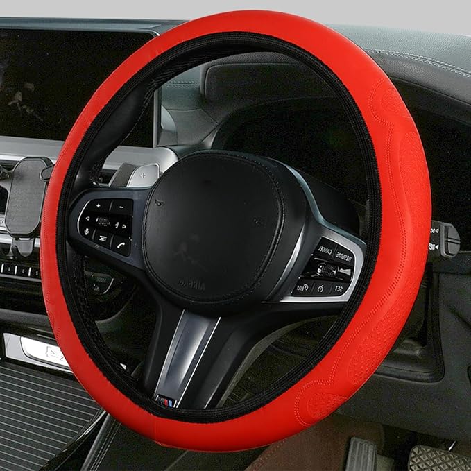 Car Steering Wheel Cover, 15 Inch Leather Soft Elastic Stretch Anti Slip Auto Steering Wheel Wrap Guard, Breathable Vehicle Interior Accessories, Universal for SUV RV Truck (Red)