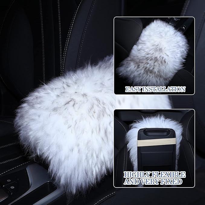 Frienda Furry Armrest Cover Auto Center Console Cover Car Soft Console Pad, Real Sheepskin Wool Soft Fluffy Auto Center Armrest Pad for Most Car Decoration Protector(Gray)