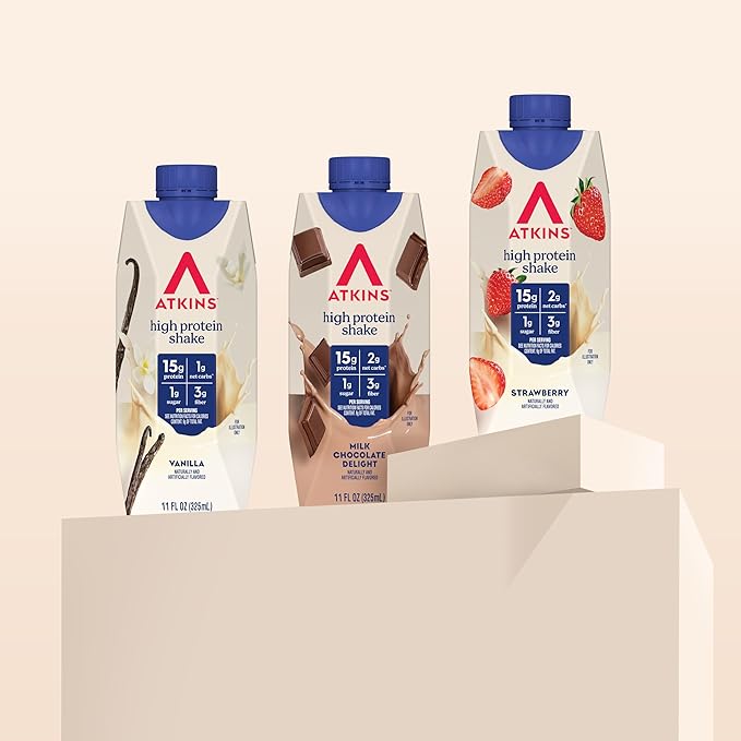 Atkins Best Sellers Protein Shake Variety Pack, Strawberry, Vanilla and Milk Chocolate Flavored Protein Shakes, 15g Protein, 3g Fiber, GLP-1 Friendly, 12 Count