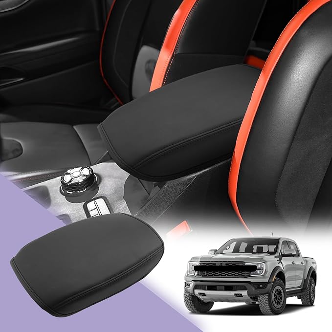 Ranger Center Console Cover Compatible with 2024 2025 Ford Ranger Accessories 2025 Ranger Armrest Cover Center Console Pad Ranger XL/XLT/Lariat/Raptor Armrest Console Cover Soft Leather,Thin Black