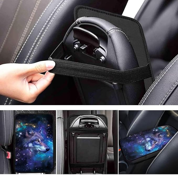 Galaxy Wolf Print Car Center Console Armrest Cover Dust-Proof Decorative Armrest Box Protector Cushion Pad for Most Vehicles, Universal Fits, Blue